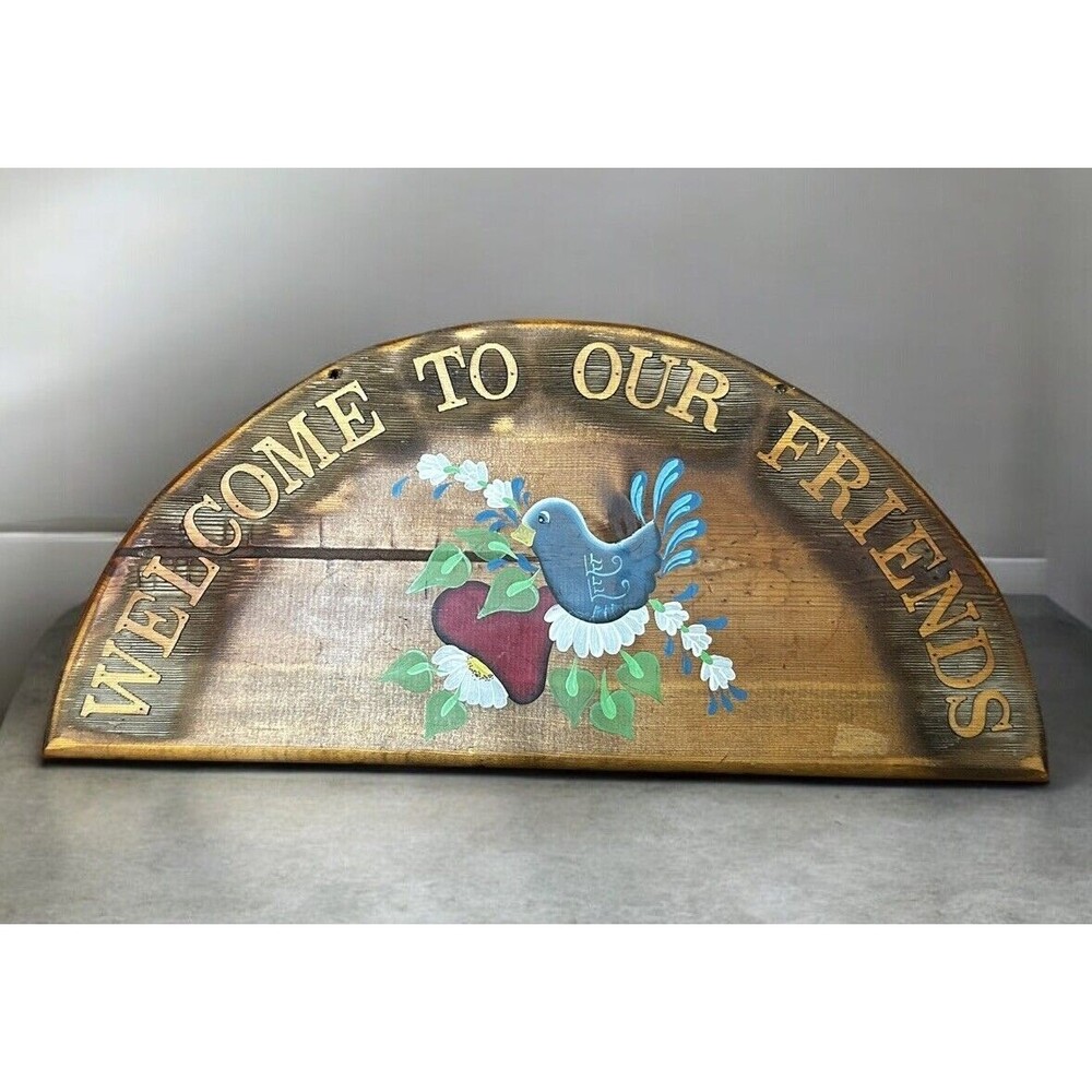 VTG Welcome To Our Friends Folk Art Hand Painted Carved Wood Door Topper Sign